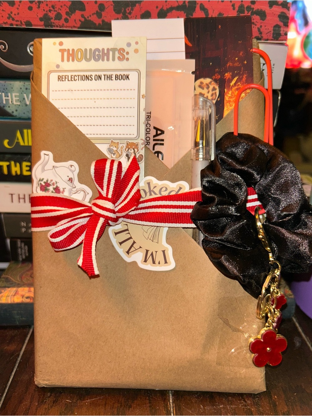 Gift-Wrapped Stationery Set with Black Satin Scrunchie and Red Flower Charm